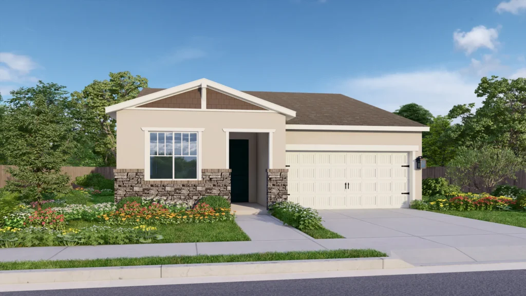 Liberty is a one-story floor plan. The Craftsman elevation pictured here has beige siding and rustic brown brick wainscoting. Trim around the windows and roof gable adds a classic Craftsman touch. The garage is elevated by coach lights and elegant details.